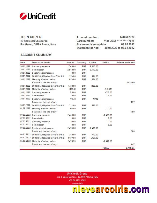 Italy Unicredit bank statement xls
